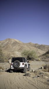 Preview wallpaper car, suv, white, canyon, hills, sand