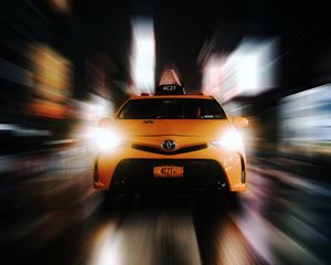 Preview wallpaper car, taxi, headlights, light, speed, movement