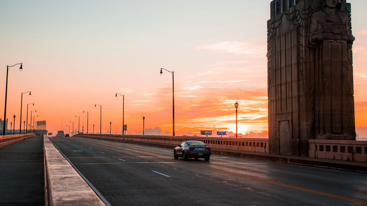 Wallpaper car, traffic, bridge, sunset, cleveland, ohio, united states