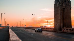 Preview wallpaper car, traffic, bridge, sunset, cleveland, ohio, united states