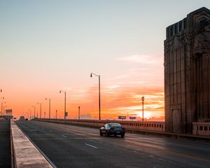 Preview wallpaper car, traffic, bridge, sunset, cleveland, ohio, united states