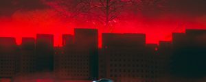 Preview wallpaper car, tree, art, red, futurism, sci-fi