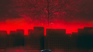 Preview wallpaper car, tree, art, red, futurism, sci-fi