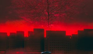 Preview wallpaper car, tree, art, red, futurism, sci-fi