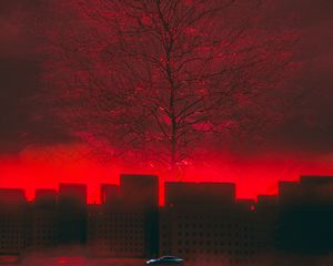 Preview wallpaper car, tree, art, red, futurism, sci-fi