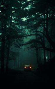 Preview wallpaper car, trees, fog, gloom, blur, dark