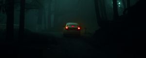 Preview wallpaper car, trees, fog, gloom, blur, dark