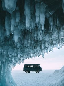 Preview wallpaper car, van, ice, stalactites, snow