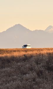 Preview wallpaper car, van, white, field, mountains, landscape