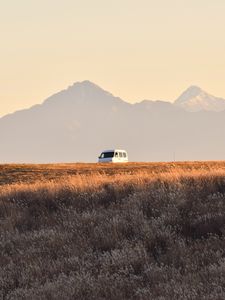 Preview wallpaper car, van, white, field, mountains, landscape