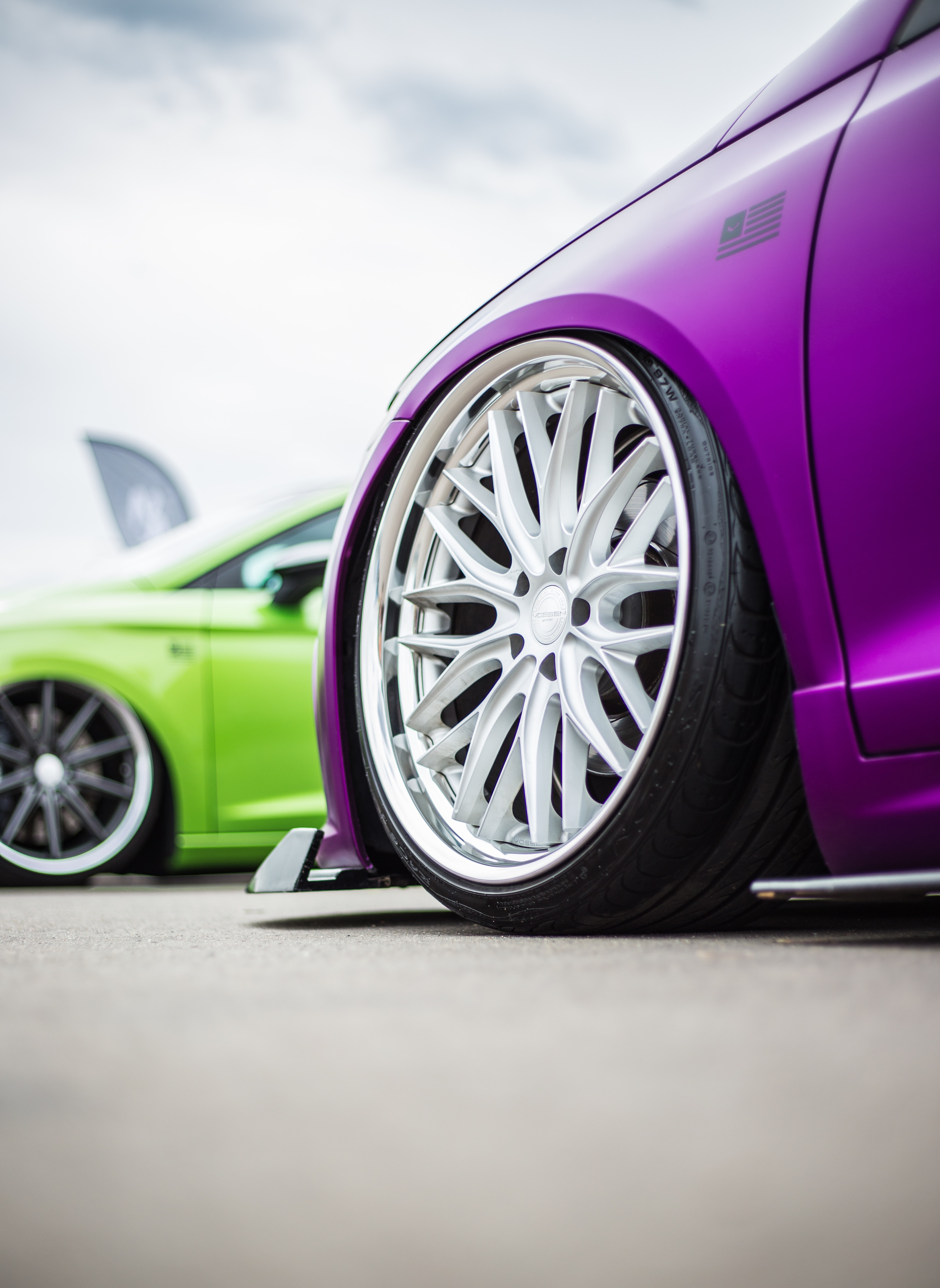 Download wallpaper 3648x4996 car, wheel, disk, sportscar, purple hd