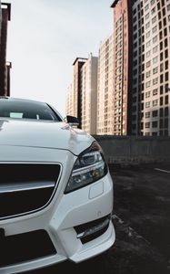 Preview wallpaper car, white, front view, buildings