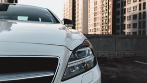 Preview wallpaper car, white, front view, buildings