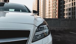 Preview wallpaper car, white, front view, buildings