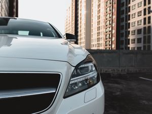 Preview wallpaper car, white, front view, buildings