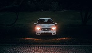 Preview wallpaper car, white, light, headlights, front view, dark