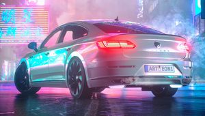 Preview wallpaper car, white, neon, light, reflection