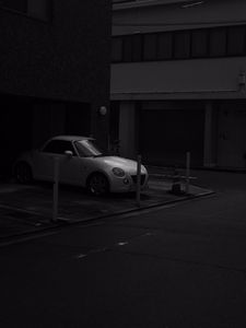 Preview wallpaper car, white, parking, black and white, bw