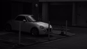 Preview wallpaper car, white, parking, black and white, bw