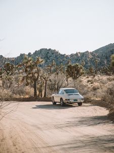 Preview wallpaper car, white, retro, road, cacti