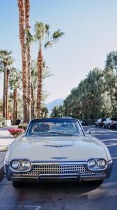 Preview wallpaper car, white, retro, road, palm trees