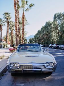 Preview wallpaper car, white, retro, road, palm trees
