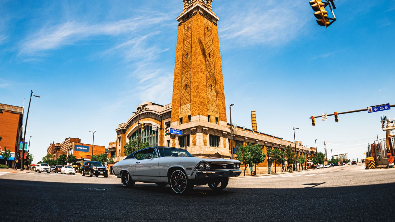 Wallpaper car, white, retro, tower, road
