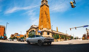 Preview wallpaper car, white, retro, tower, road
