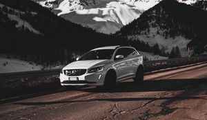 Preview wallpaper car, white, road, mountains, snow