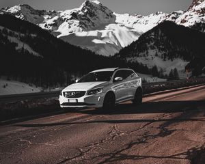 Preview wallpaper car, white, road, mountains, snow