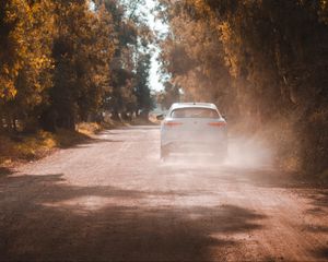 Preview wallpaper car, white, road, dust