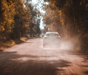 Preview wallpaper car, white, road, dust