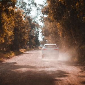 Preview wallpaper car, white, road, dust