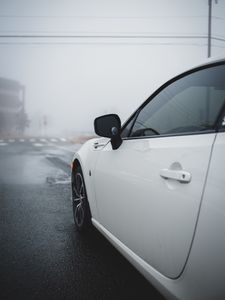 Preview wallpaper car, white, road, fog