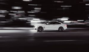 Preview wallpaper car, white, road, speed, long exposure