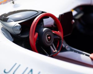 Preview wallpaper car, white, steering wheel, red