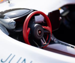 Preview wallpaper car, white, steering wheel, red