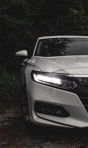 Preview wallpaper car, white, wet, headlight, light, front view