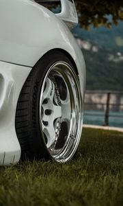 Preview wallpaper car, white, wheel, disk, closeup