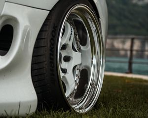 Preview wallpaper car, white, wheel, disk, closeup