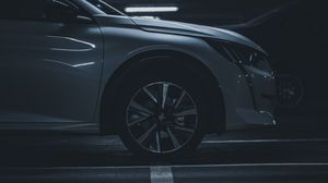 Preview wallpaper car, white, wheel, side view, dark