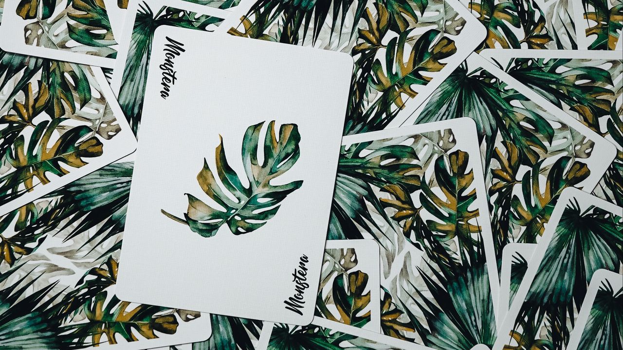 Wallpaper cards, deck, leaves, green, aesthetics