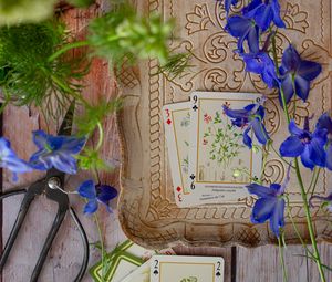 Preview wallpaper cards, flowers, scissors, wooden, still life