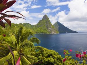 Preview wallpaper caribbean, ocean, palm trees, peaks