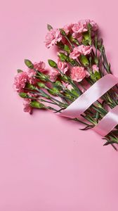 Preview wallpaper carnations, flowers, bouquet, ribbon, pink