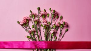 Preview wallpaper carnations, flowers, bouquet, pink, ribbon