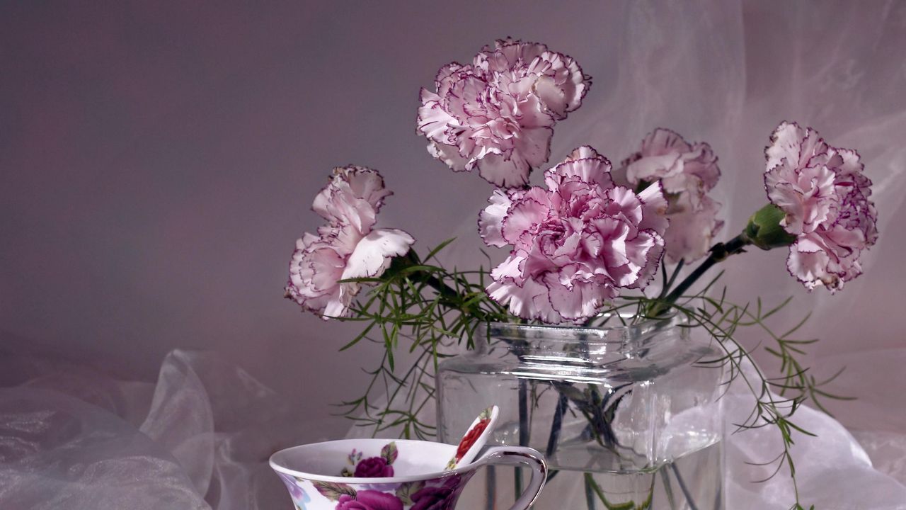 Wallpaper carnations, flowers, tea pair, vase