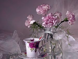 Preview wallpaper carnations, flowers, tea pair, vase