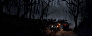 Preview wallpaper carriage, wood, night, wolves, flight