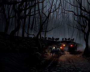 Preview wallpaper carriage, wood, night, wolves, flight